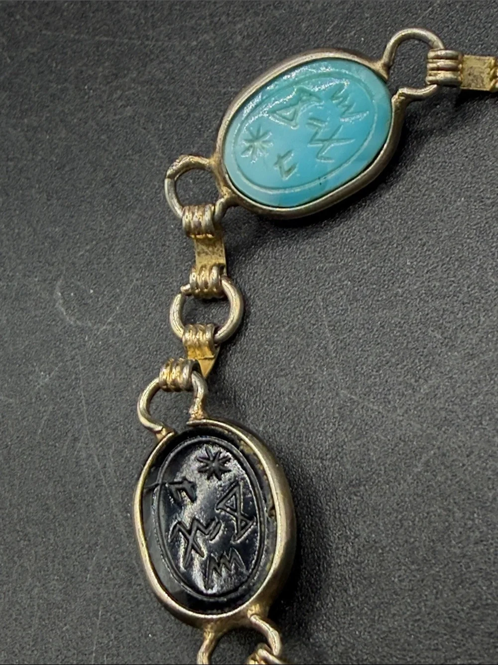 Vintage Egyptian Revival Multicolor Etched Scarab Beetle Motif Cabochon Bracelet